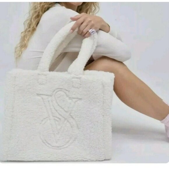 Victoria's Secret Handbags - Victoria’s Secret White Cream Sherpa Large Logo Tote Bag EUC